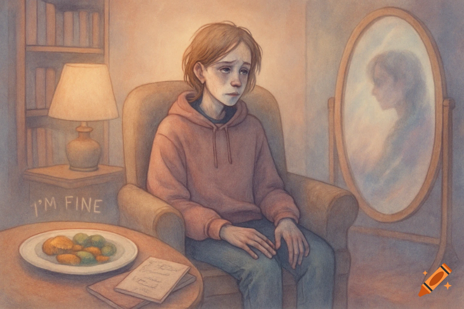 A somber illustration of a person sitting in a chair, looking down, with "I'M FINE" written on the wall and a blurry reflection in a mirror.