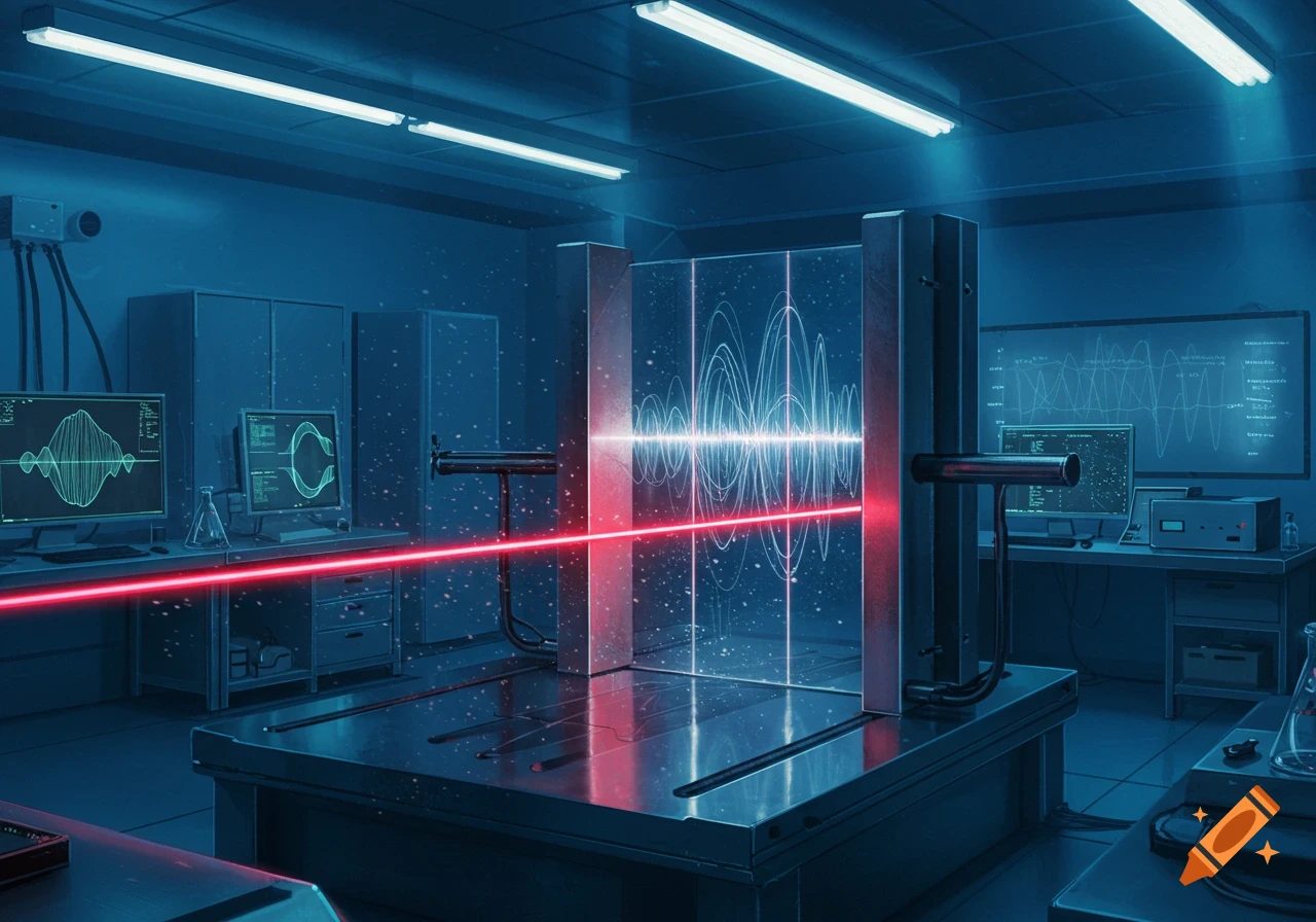 A red laser beam passes through a transparent setup with glowing waveforms in a blue-lit science laboratory with monitors.