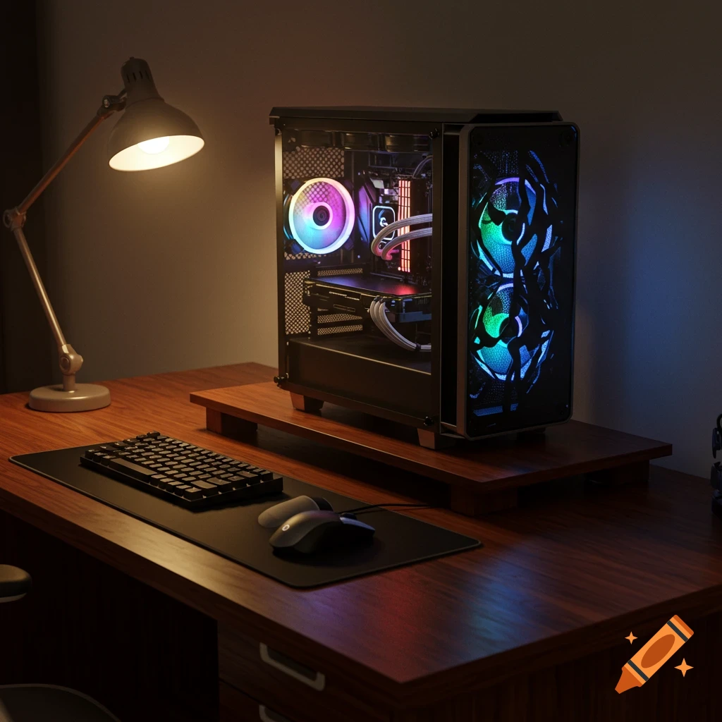 Photorealistic image of a modern PC tower with RGB lighting on a wooden desk, alongside a keyboard, mouse, and desk lamp.