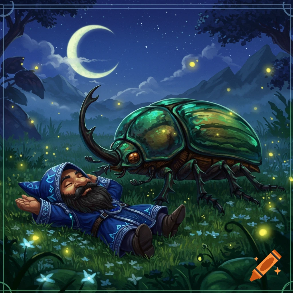 A cartoon gnome in a blue wizard robe sleeps in a grassy field at night under a crescent moon, next to a giant green rhinoceros beetle.