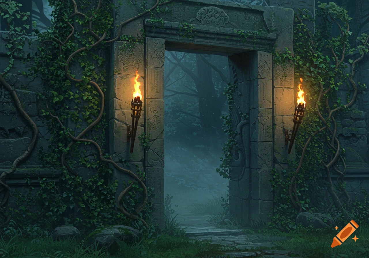 An ancient stone archway covered in vines with two lit torches, leading into a misty, dark forest.
