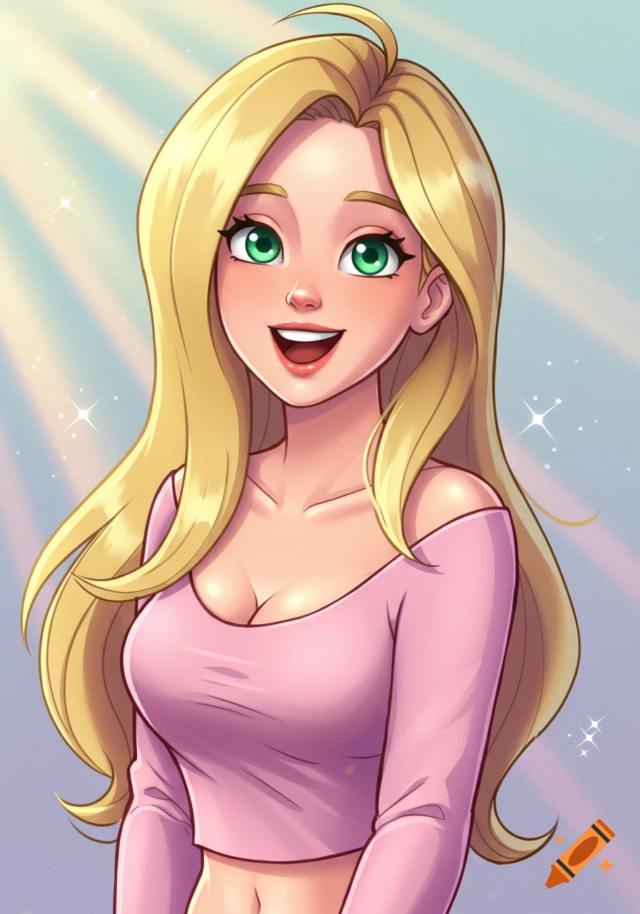 Cartoon portrait of a smiling woman with long blonde hair and green eyes, wearing a pink top.