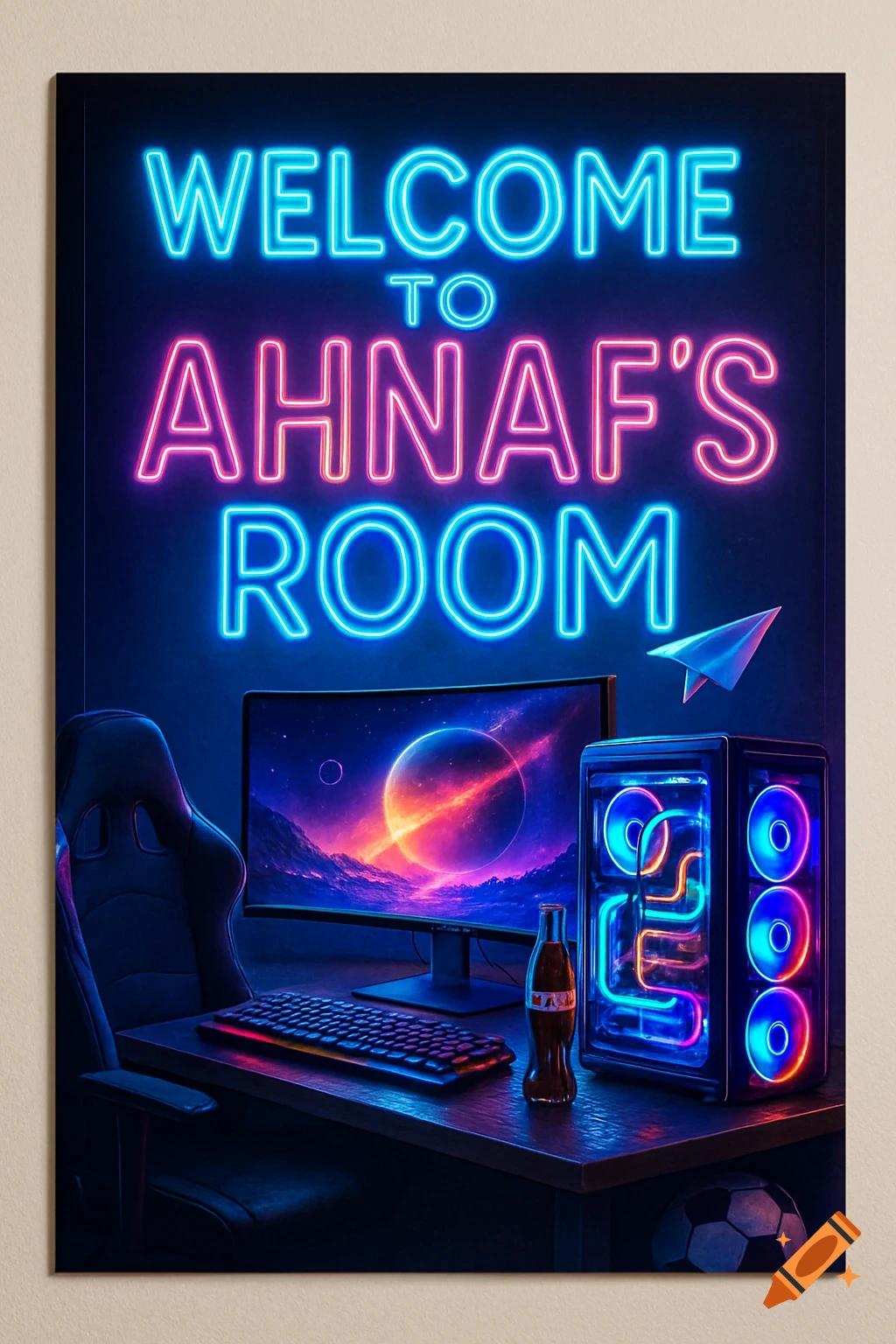 A neon sign 'Welcome to Ahnaf's Room' above a gamer's desk with a glowing PC, curved monitor, keyboard, and a soccer ball.