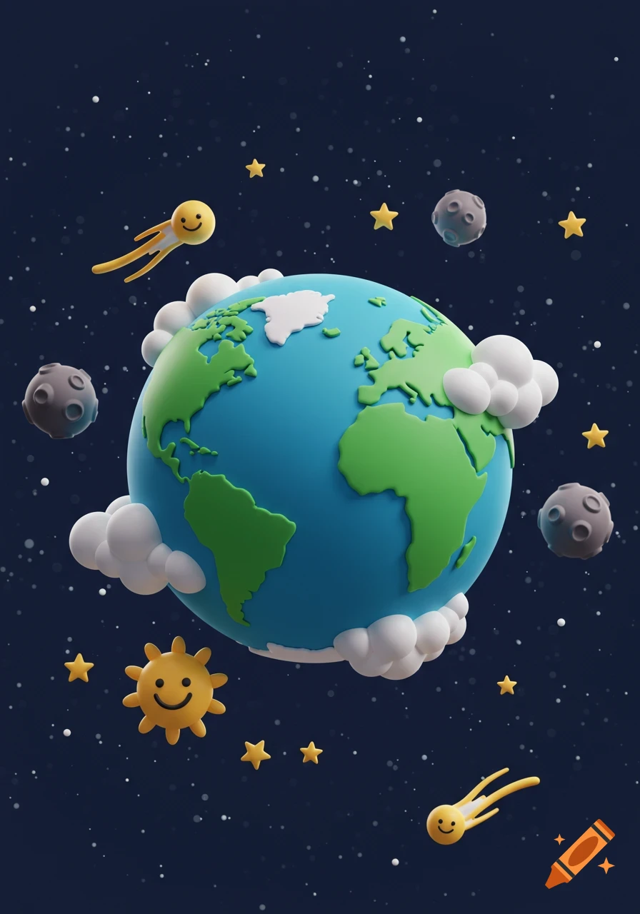 A colorful 3D cartoon Earth with clouds, moons, stars, a smiling sun, and a comet in space.