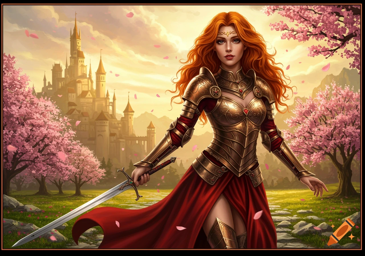 A ginger woman in golden armor and a red dress stands with a sword in a cherry blossom field with a castle in the background.