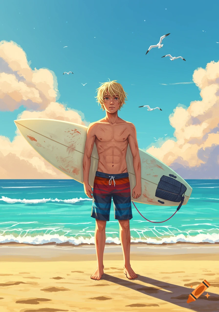An anime-style illustration of a blond boy with scars standing on a beach holding a surfboard, with the ocean and gulls in the background.
