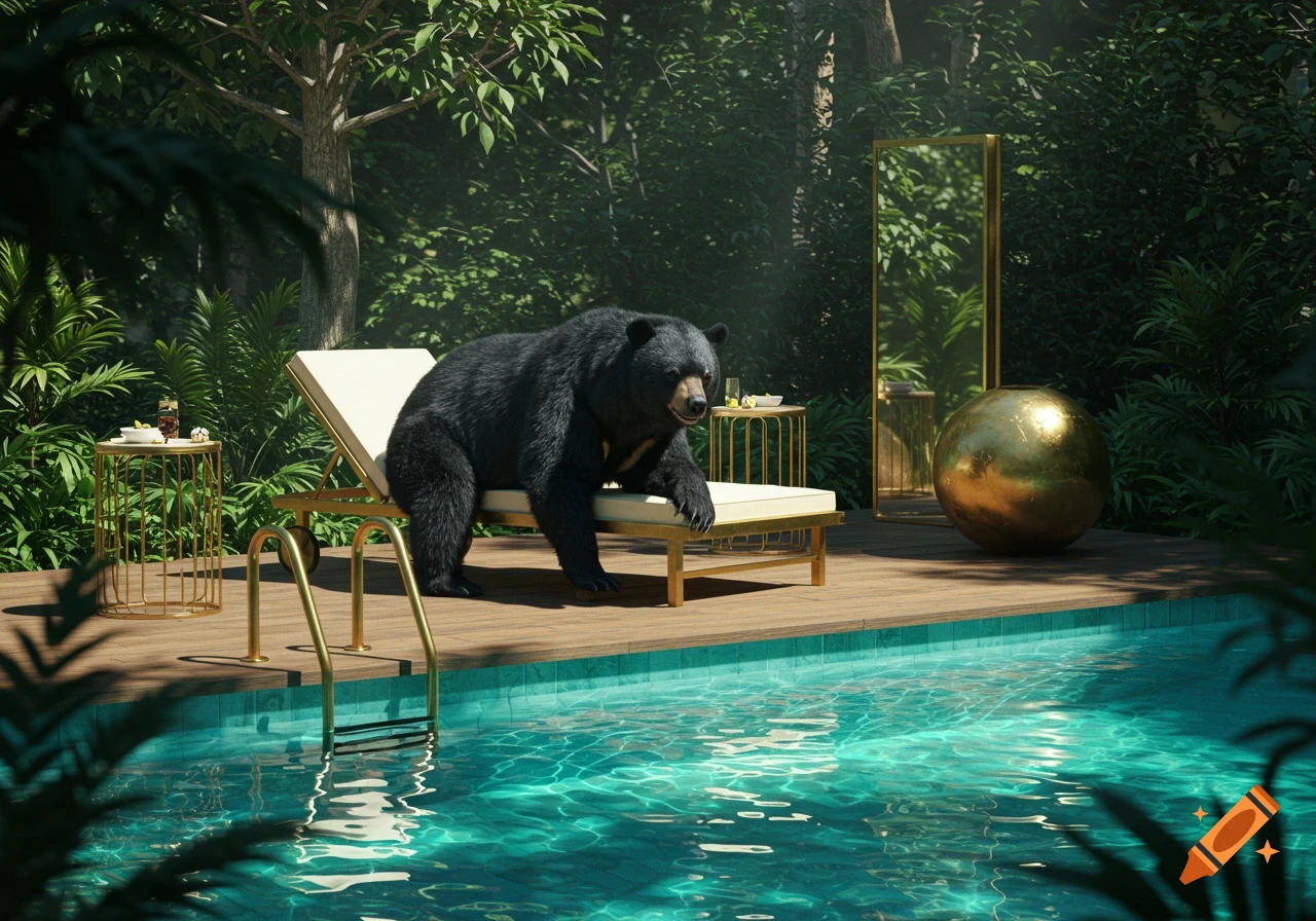 Photorealistic image of a black bear resting on a white lounge chair by a turquoise pool on a wooden deck in a lush jungle setting.