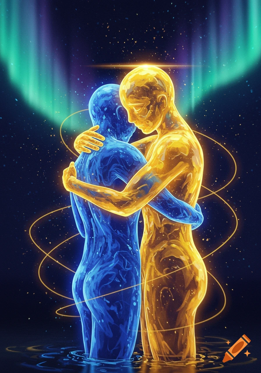 Two ethereal figures, one blue and one golden, embrace in glowing water under an aurora-lit starry sky.