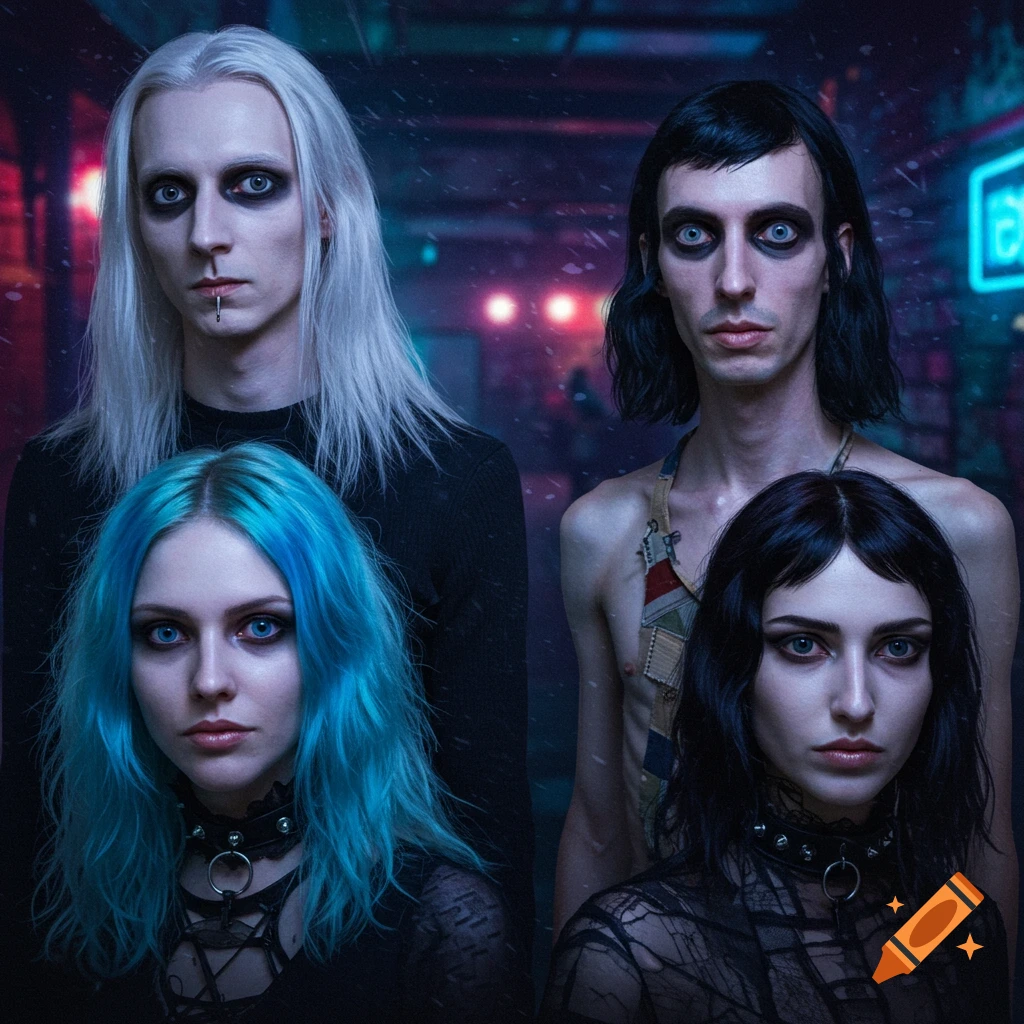 Four people with gothic makeup and alternative fashion, including white hair and blue hair, pose in a dark, urban setting.
