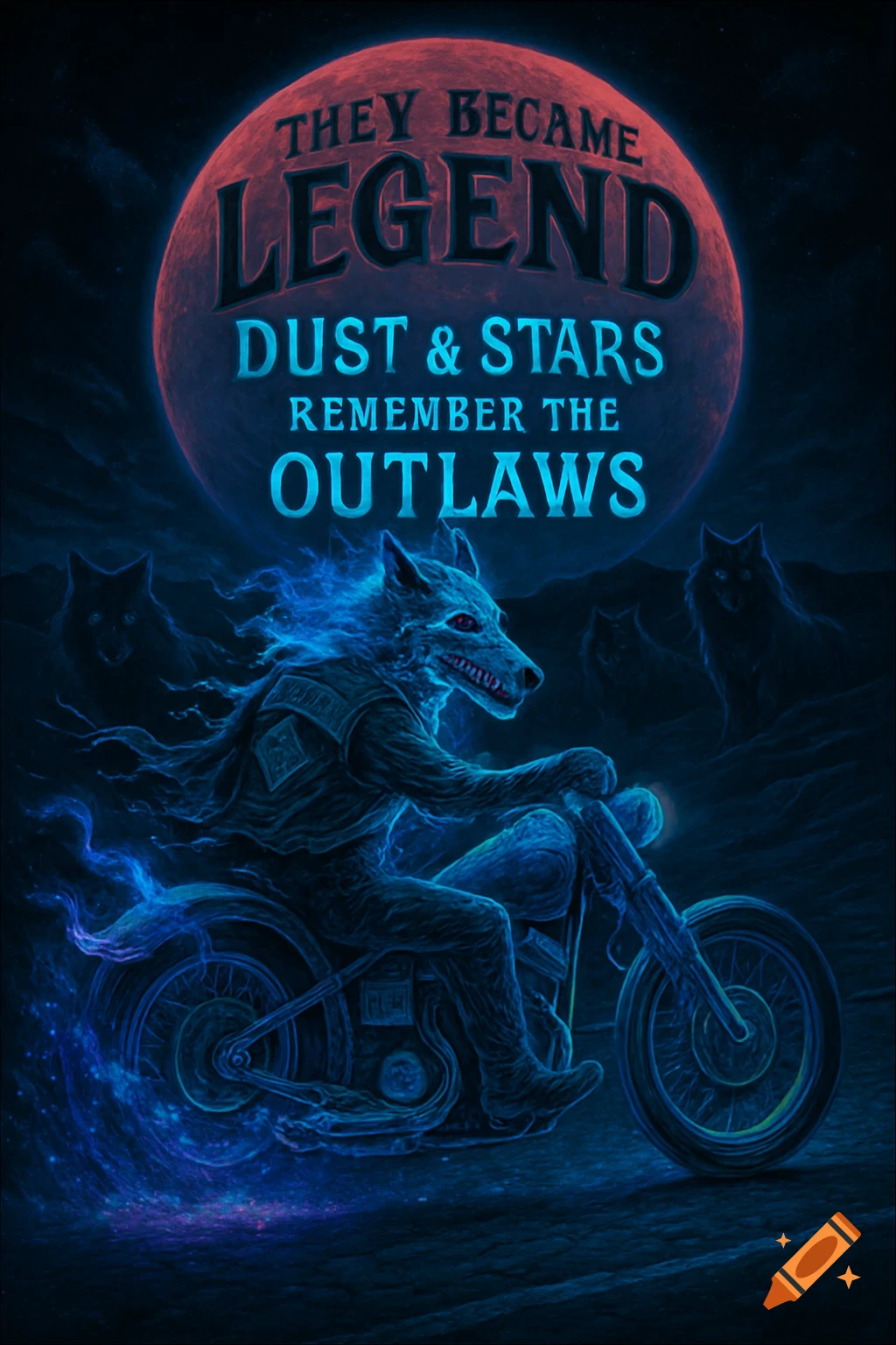 A ghostly blue wolf biker on a transparent chopper, trailing stardust on a midnight desert road under a red moon with text.