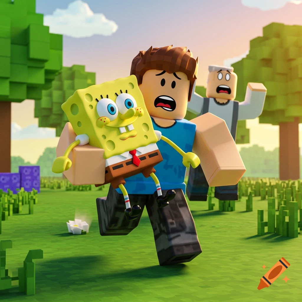 A Roblox character carries Spongebob while running through a blocky green field, as another Roblox character chases them.