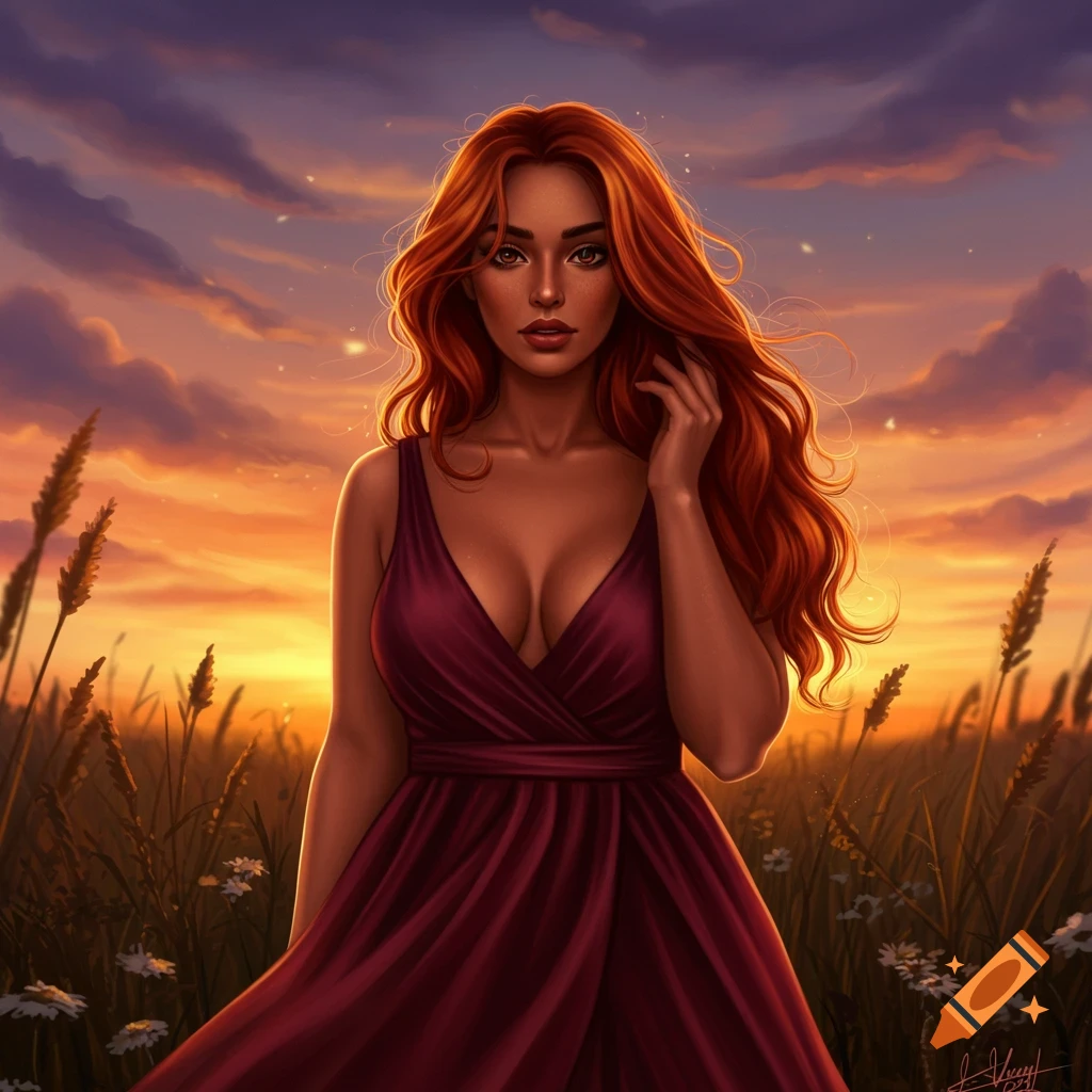 A woman with long, flowing red hair and a maroon dress stands in a golden field at sunset in an artistic illustration.