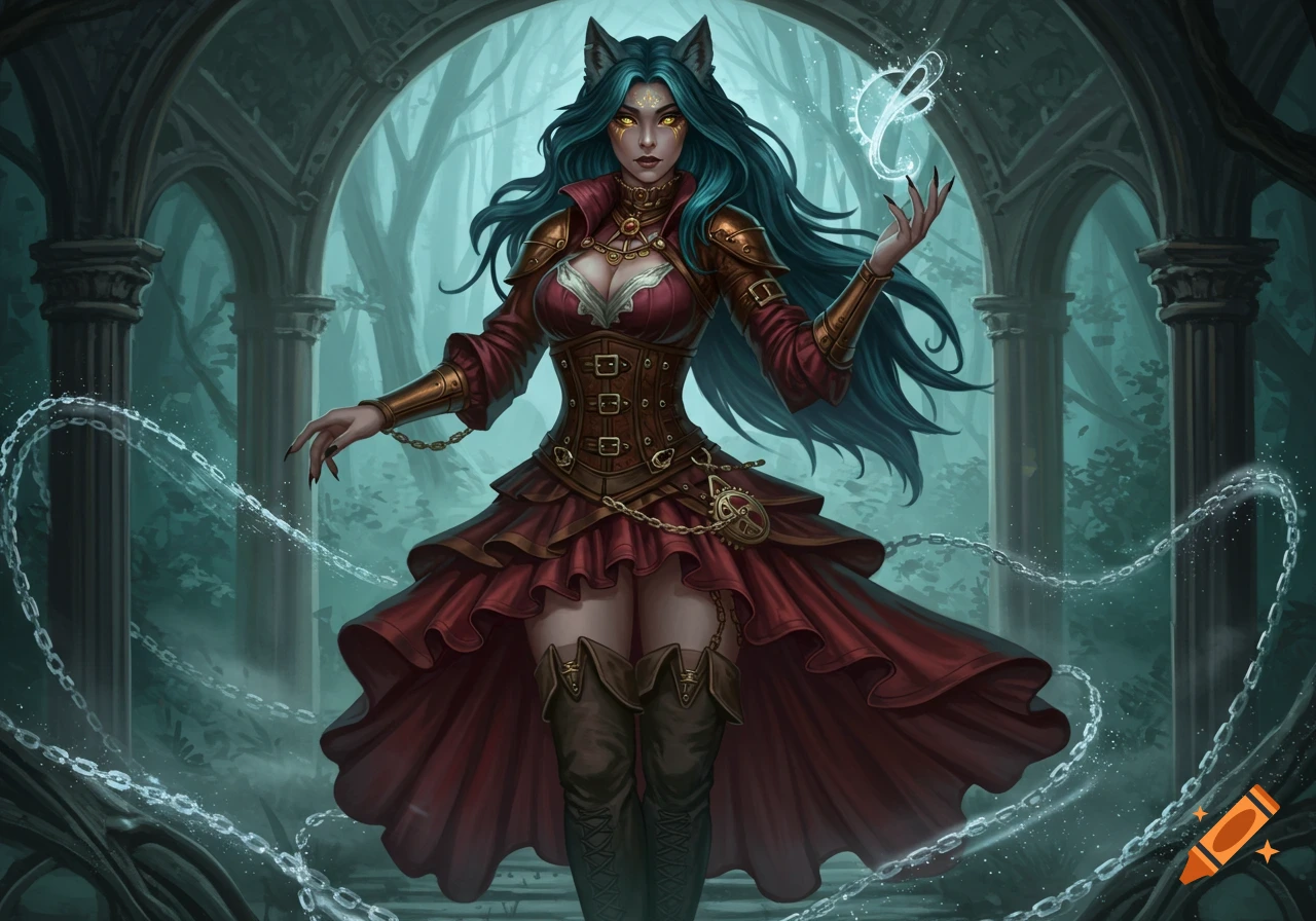 A female witch with wolf ears, teal hair, gold eyes, and steampunk clothing stands in a gothic forest, conjuring glowing chains and magic.