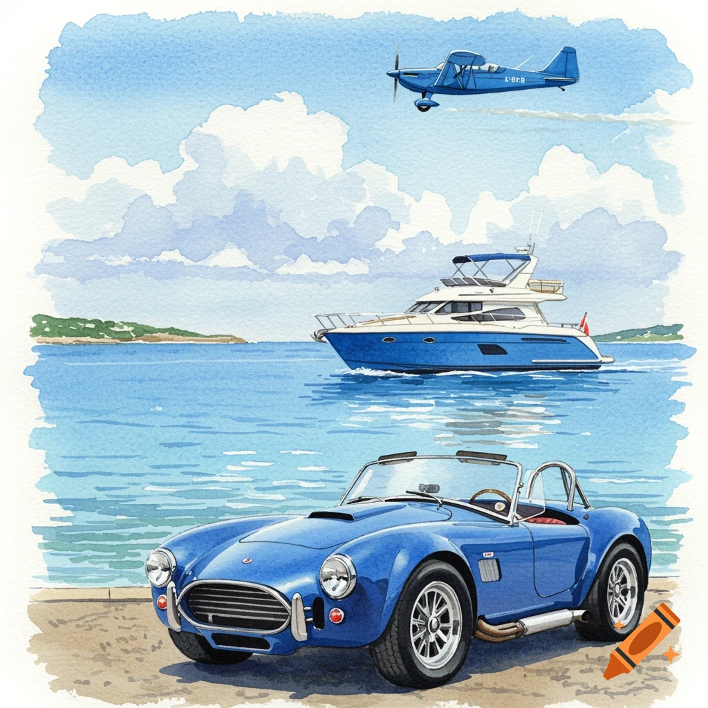 A watercolor painting shows a blue AC Cobra car on a dock with a blue yacht on the water and a blue plane flying overhead.