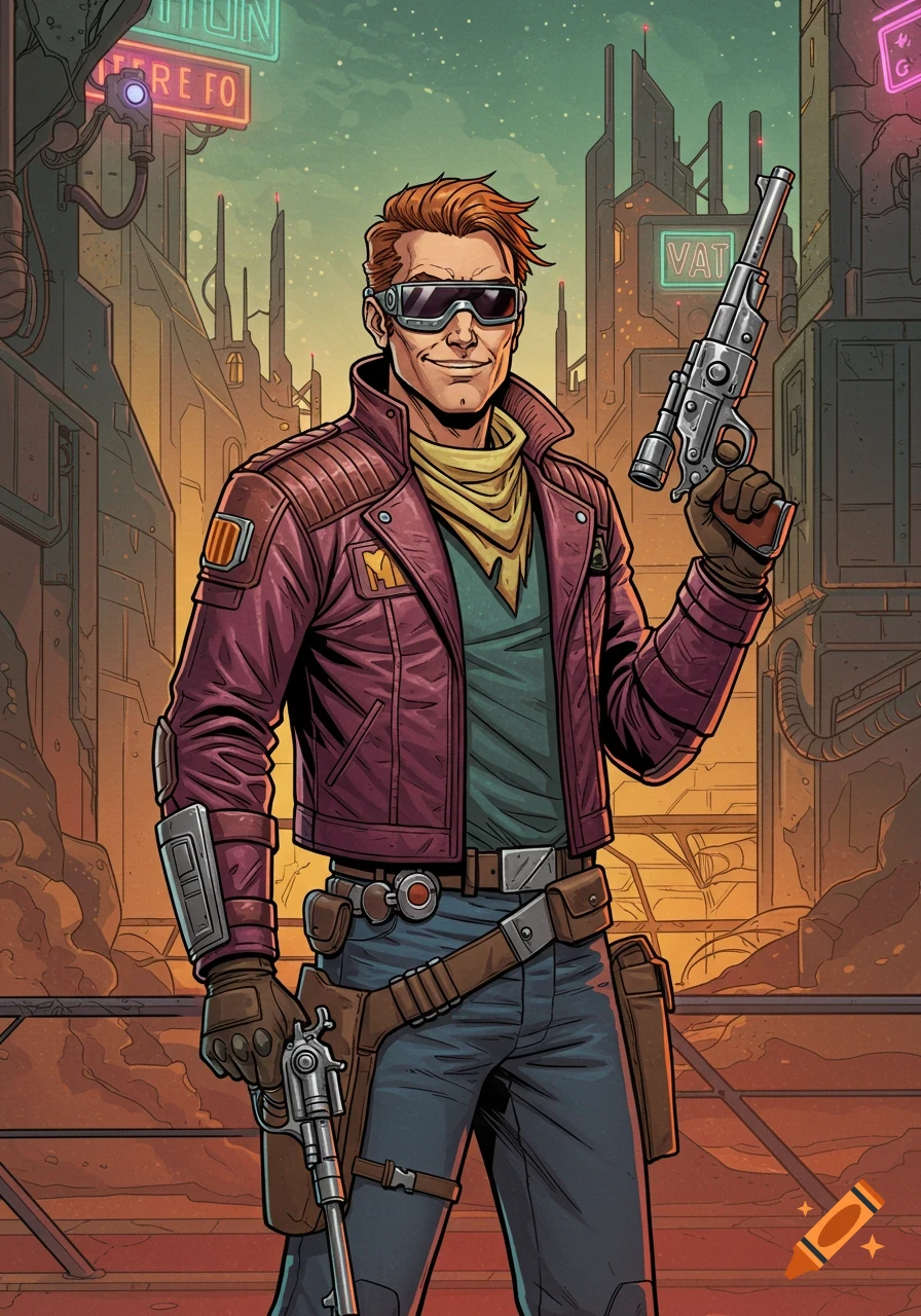 A male character in a purple jacket and sunglasses, holding two pistols, stands in a futuristic city. Comic book art style.