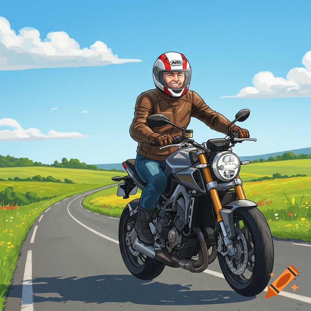 An illustration of a man in a helmet and leather jacket riding a motorcycle on a winding road through a sunny, green countryside.