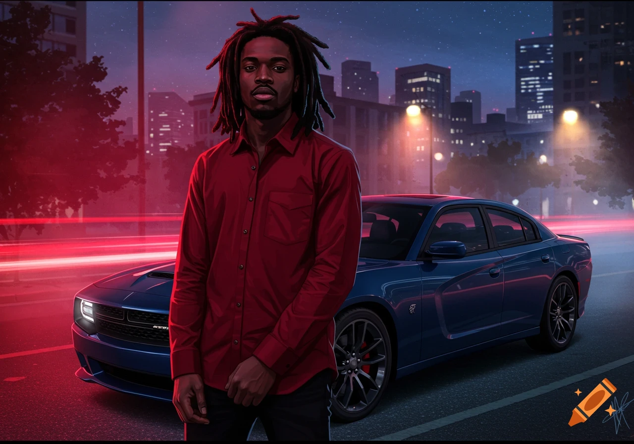 A man with dreadlocks wearing a red shirt stands next to a blue Dodge Charger in a stylized city night scene.