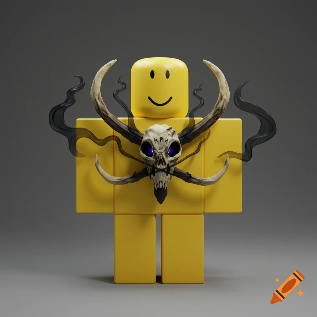 A 3D render of a yellow blocky Roblox character with a skull and horns artifact on its chest, surrounded by dark smoke, on a gray background.