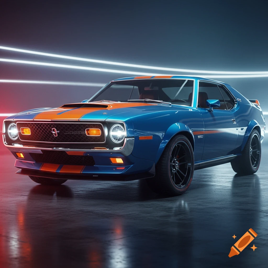 A blue and orange AMC Javelin muscle car with racing stripes, parked in a modern garage with neon lights.