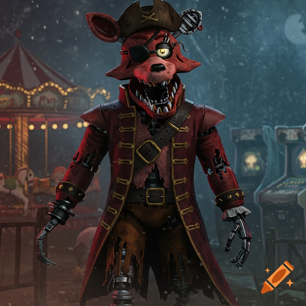 Foxy, the animatronic pirate fox, stands in a dark, snowy abandoned carnival with a carousel and arcade games in the background.