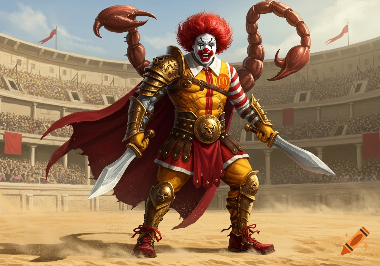 Ronald McDonald as a gladiator scorpion king in an arena, with golden armor, a red cape, scorpion tails, and dual swords.