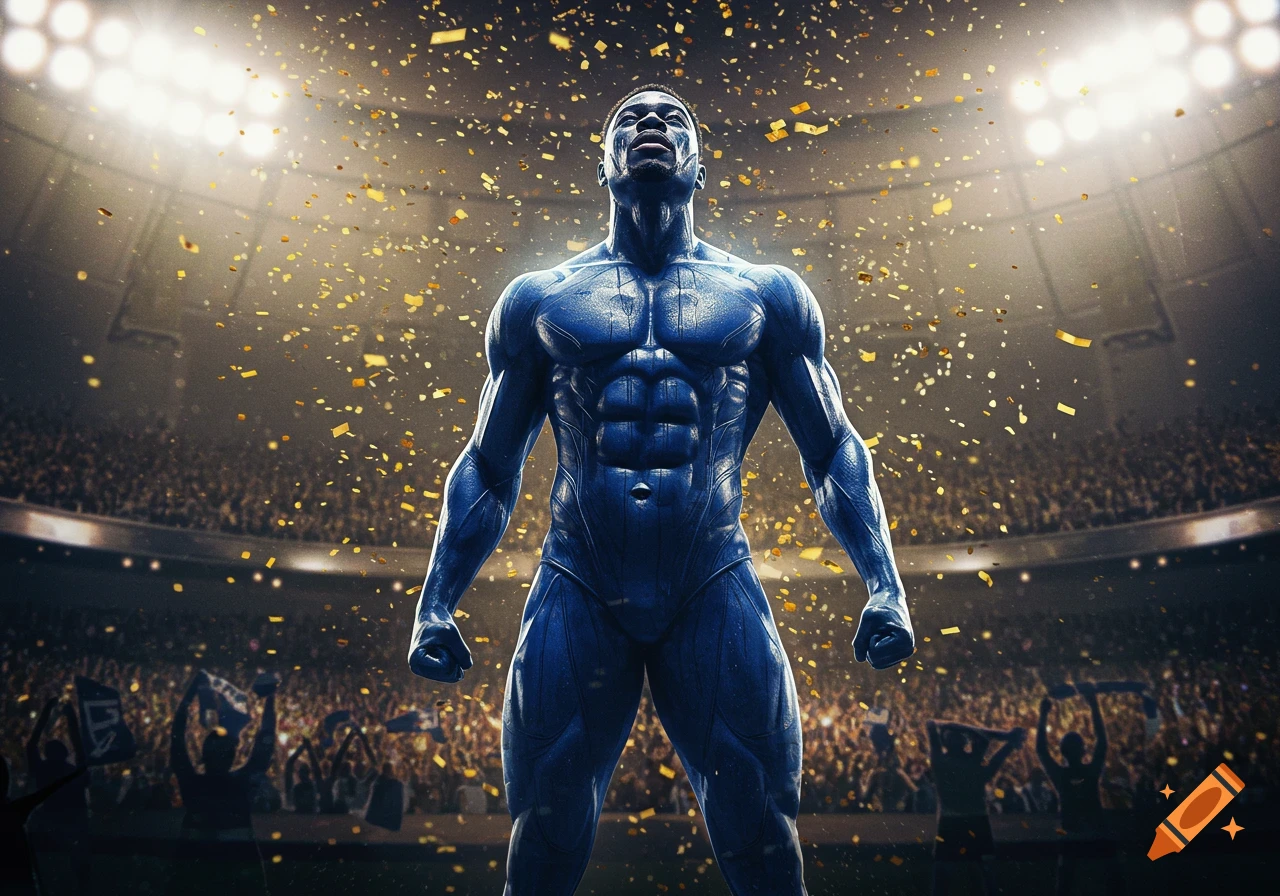 Muscular Black man in a blue superhero suit stands victoriously in a stadium as confetti falls, spotlights shining.