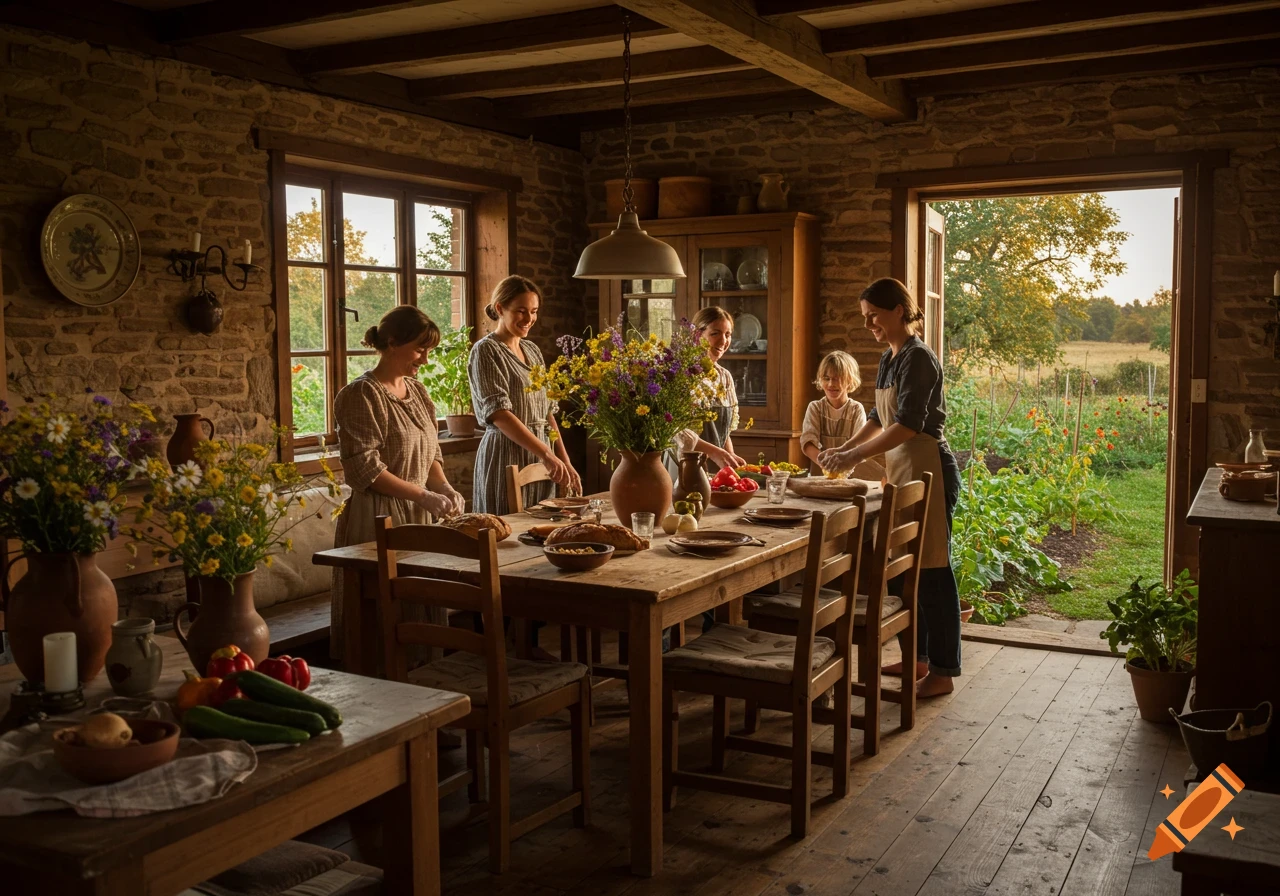 A photorealistic image of a family gathering in a rustic kitchen, preparing food together with a view of a garden outside.