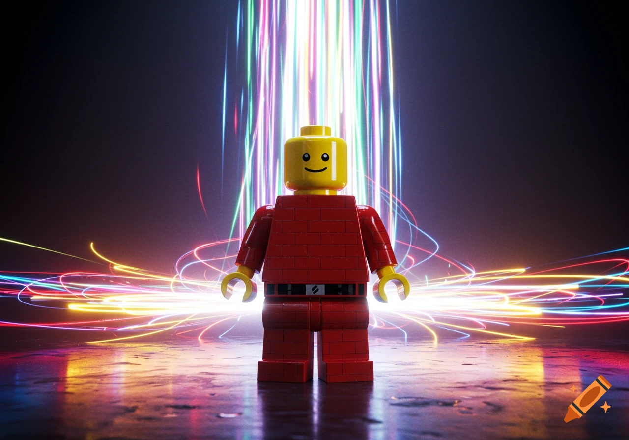 A Lego minifigure stands in a dark setting surrounded by colorful, glowing light trails.