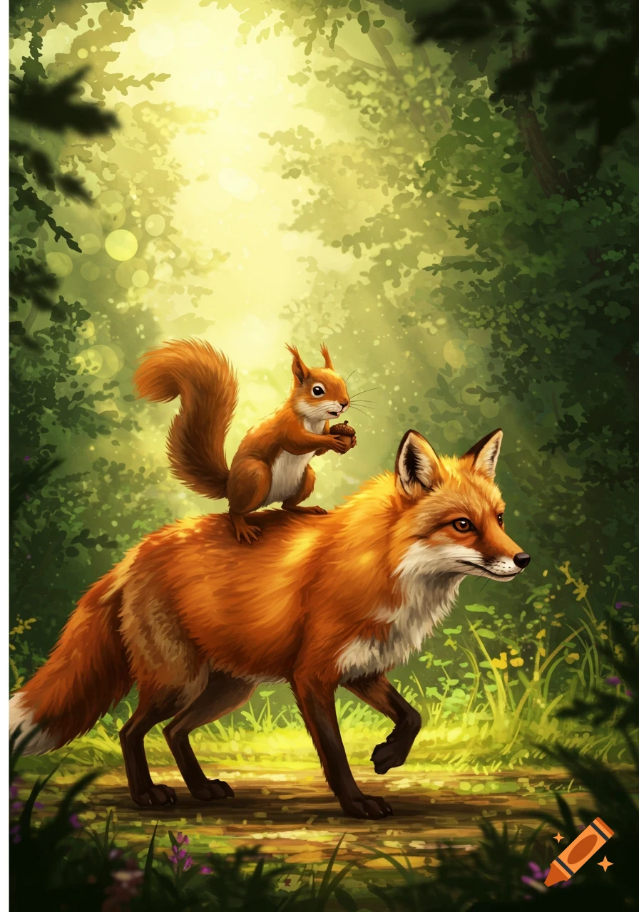An illustration of a small squirrel riding on the back of a red fox through a sunlit forest.
