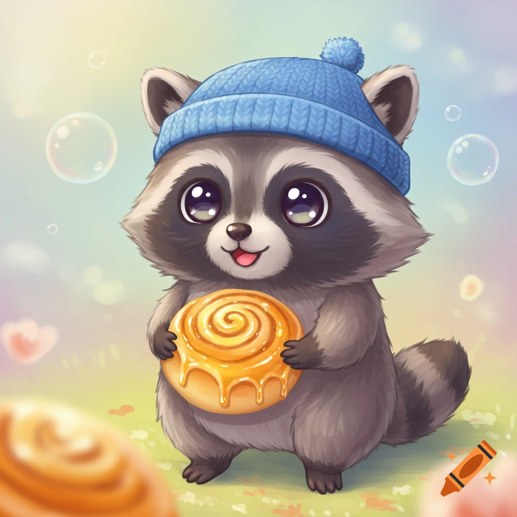 A cute chibi raccoon wearing a blue knitted hat holds a honey bun in a whimsical, colorful setting with bubbles.