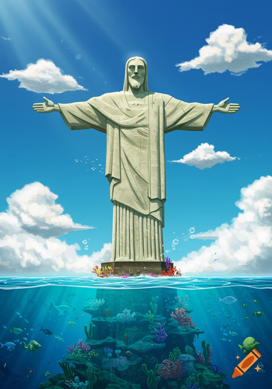 A cartoon Christ the Redeemer statue stands in the ocean, its base submerged in a vibrant coral reef with fish.