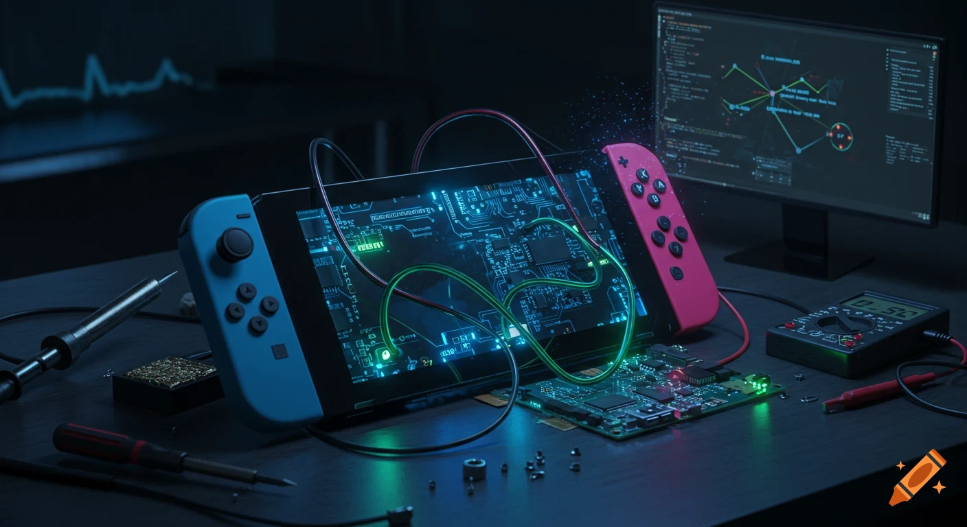 Close-up of a disassembled Nintendo Switch console with glowing internal circuitry, surrounded by soldering tools and a multimeter on a dark desk. A monitor in the background displays code.