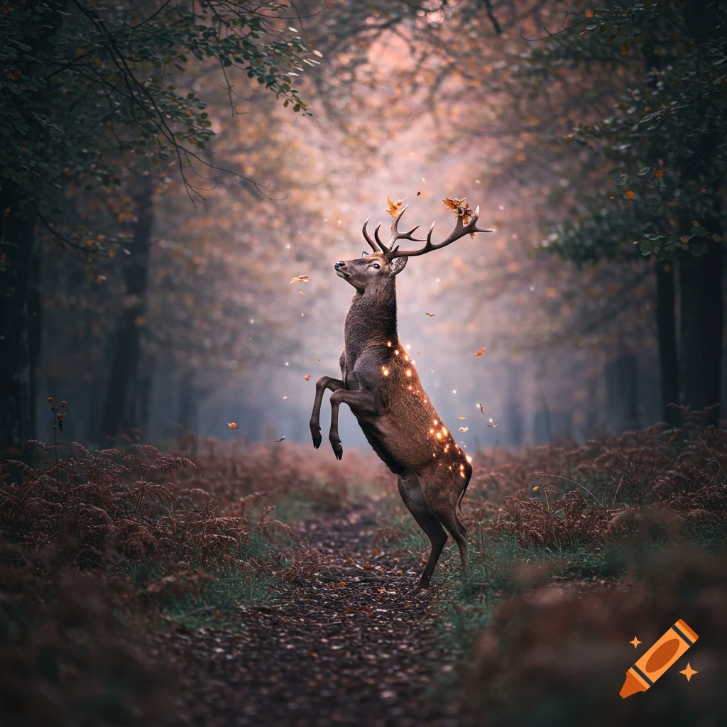 A majestic deer with glowing spots stands on its hind legs on a mystical forest path, surrounded by falling autumn leaves.