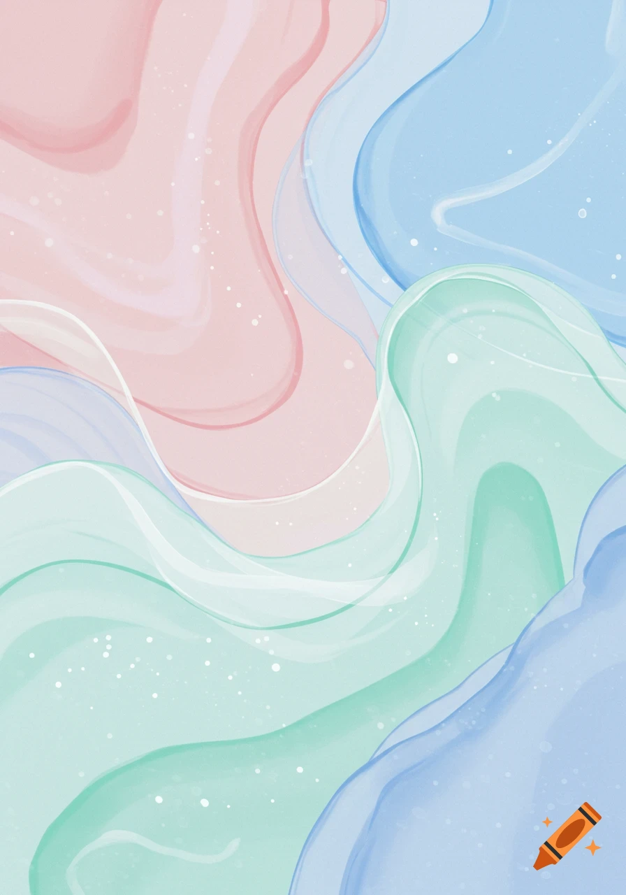 Abstract design with swirling pink, blue, and green watercolor shapes and subtle white specks.