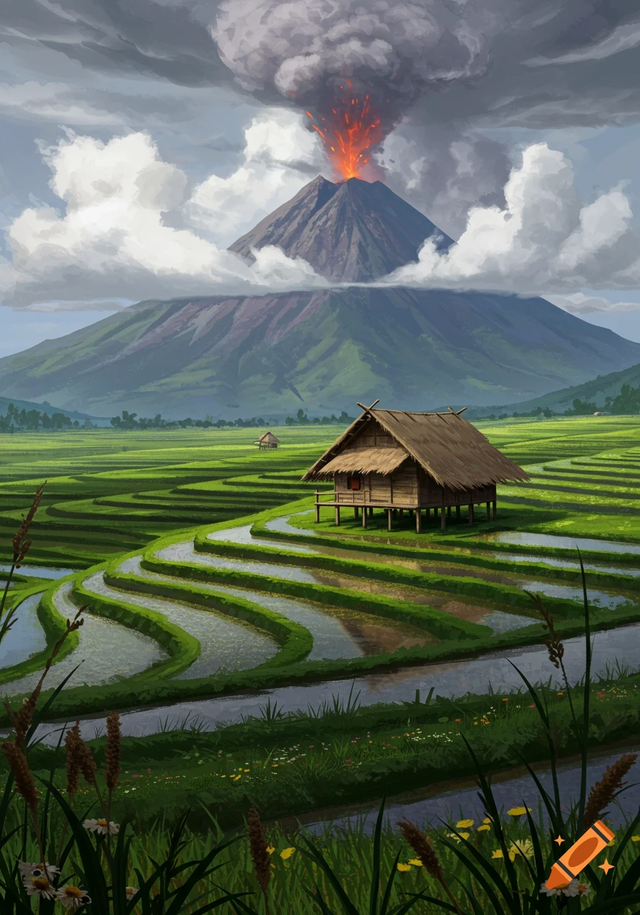 A volcanic eruption spews smoke and lava above terraced rice fields with a traditional stilt house, in a vibrant drawing style.