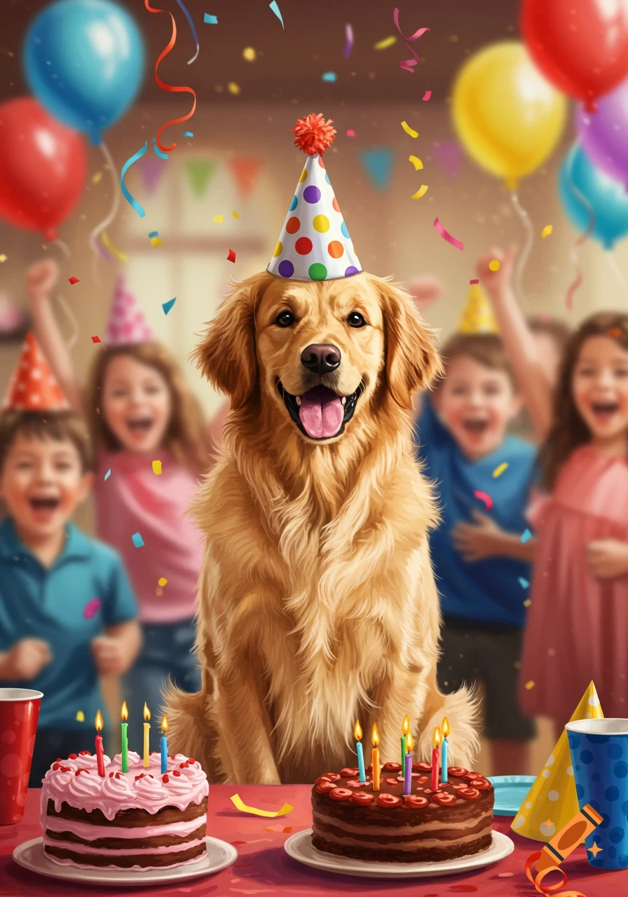 Photorealistic Golden Retriever in a party hat sits at a table with two birthday cakes. Blurred children, balloons, and confetti create a festive party scene.