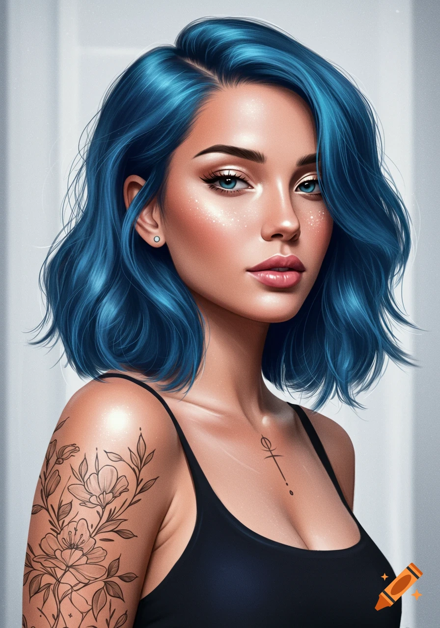 Digital art portrait of a beautiful woman with wavy blue hair, light makeup, a floral arm tattoo, and a small symbol on her collarbone, wearing a black tank top.