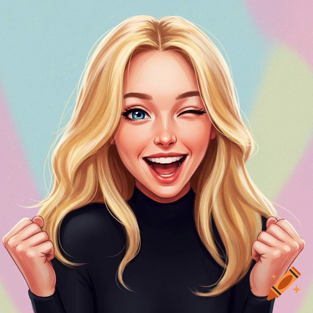 A vibrant cartoon illustration of a happy blonde woman winking with one blue eye and smiling widely, clenching fists in a victory pose.