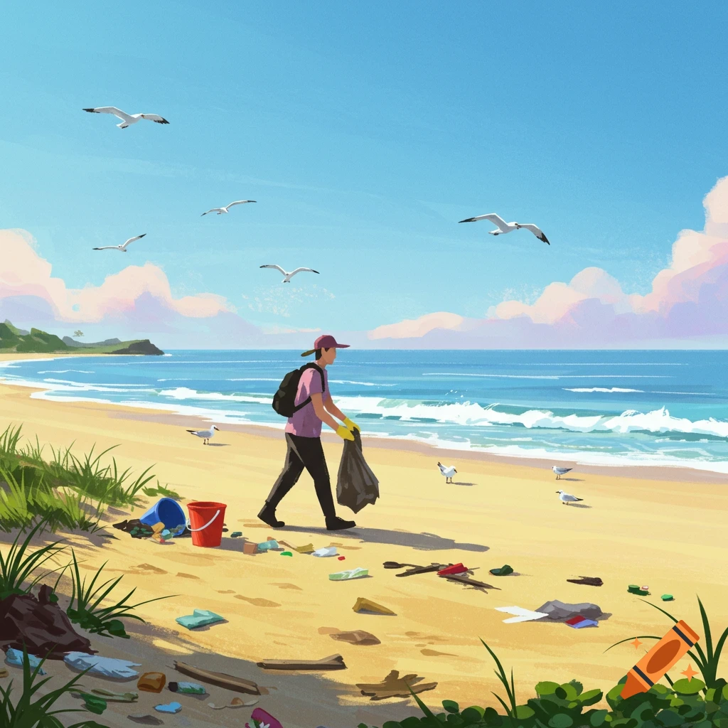 An illustration of a person picking up trash on a sandy beach under a clear blue sky, with seagulls flying above.