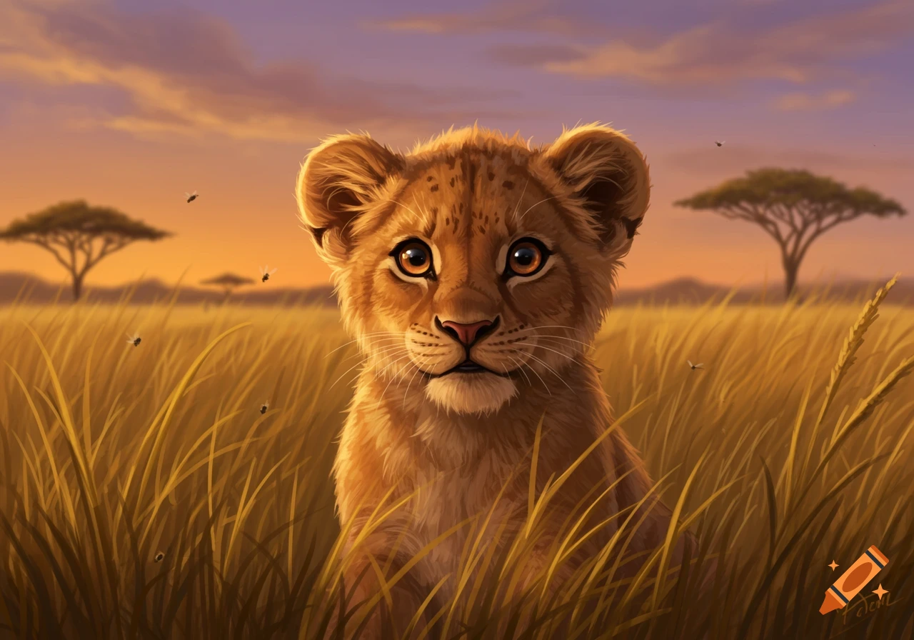 A cute lion cub sits in tall golden grass in a savanna at sunset, with acacia trees in the background.
