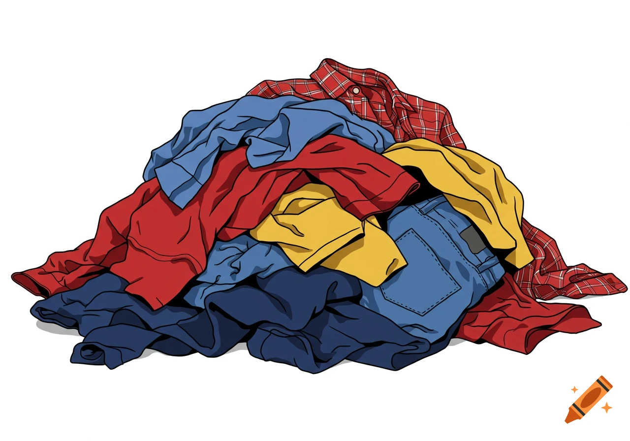 A colorful pile of clothes including shirts and jeans, in a vector illustration style.