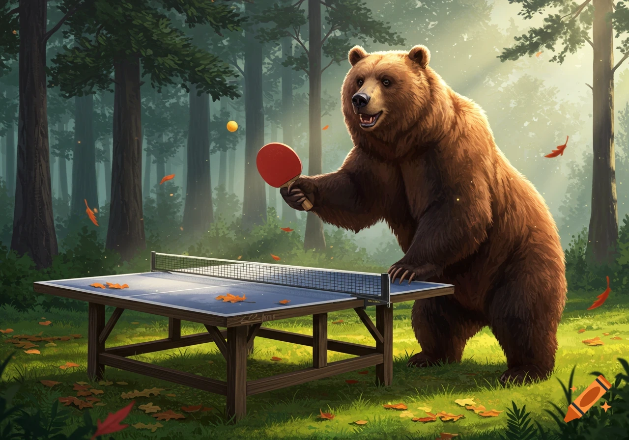 A large brown bear stands in a sunlit forest clearing, holding a red ping-pong paddle ready to hit a yellow ball across a blue ping-pong table covered with fallen leaves.