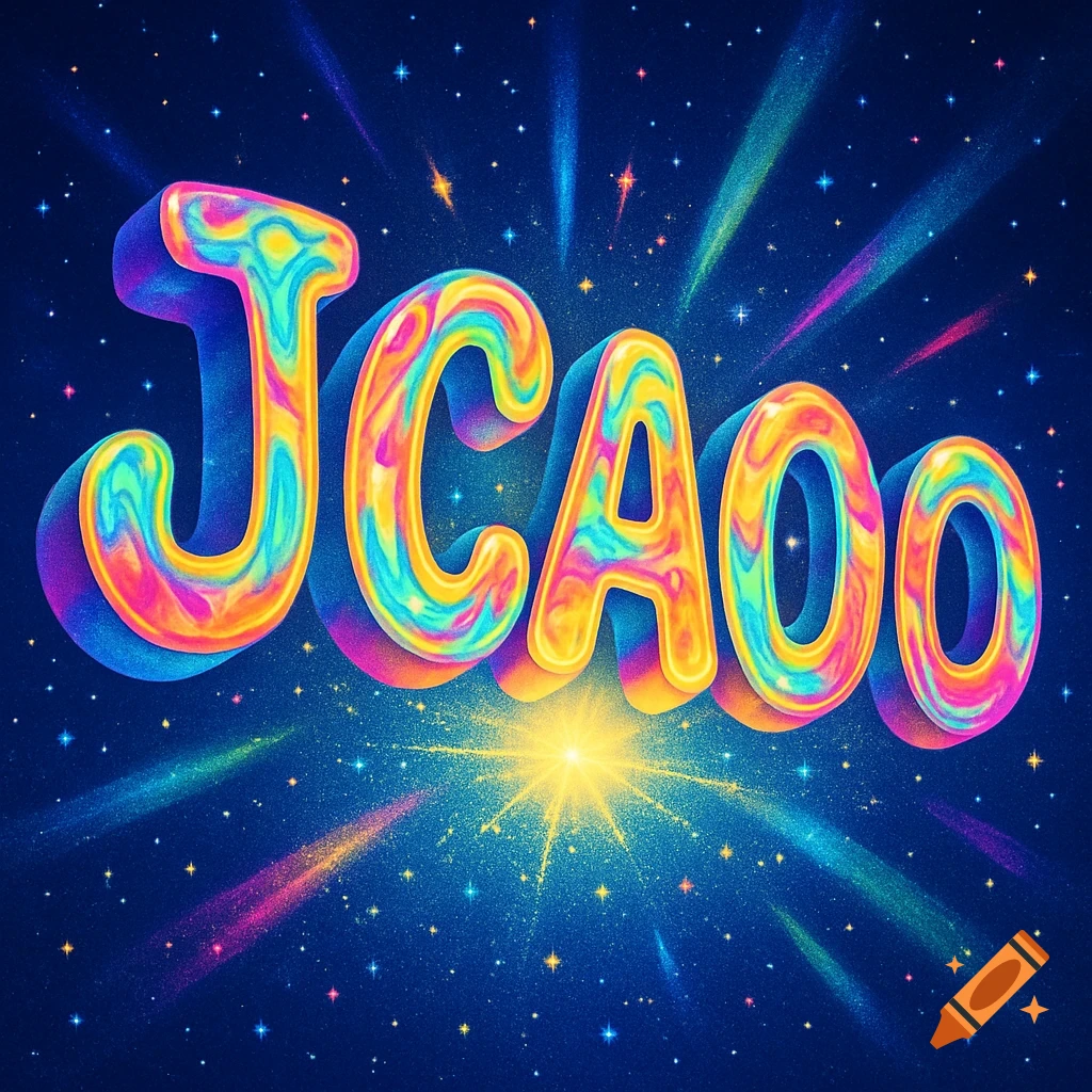 Colorful, bubbly 3D letters spelling JCAOOO against a dark blue starry cosmic background with light streaks.