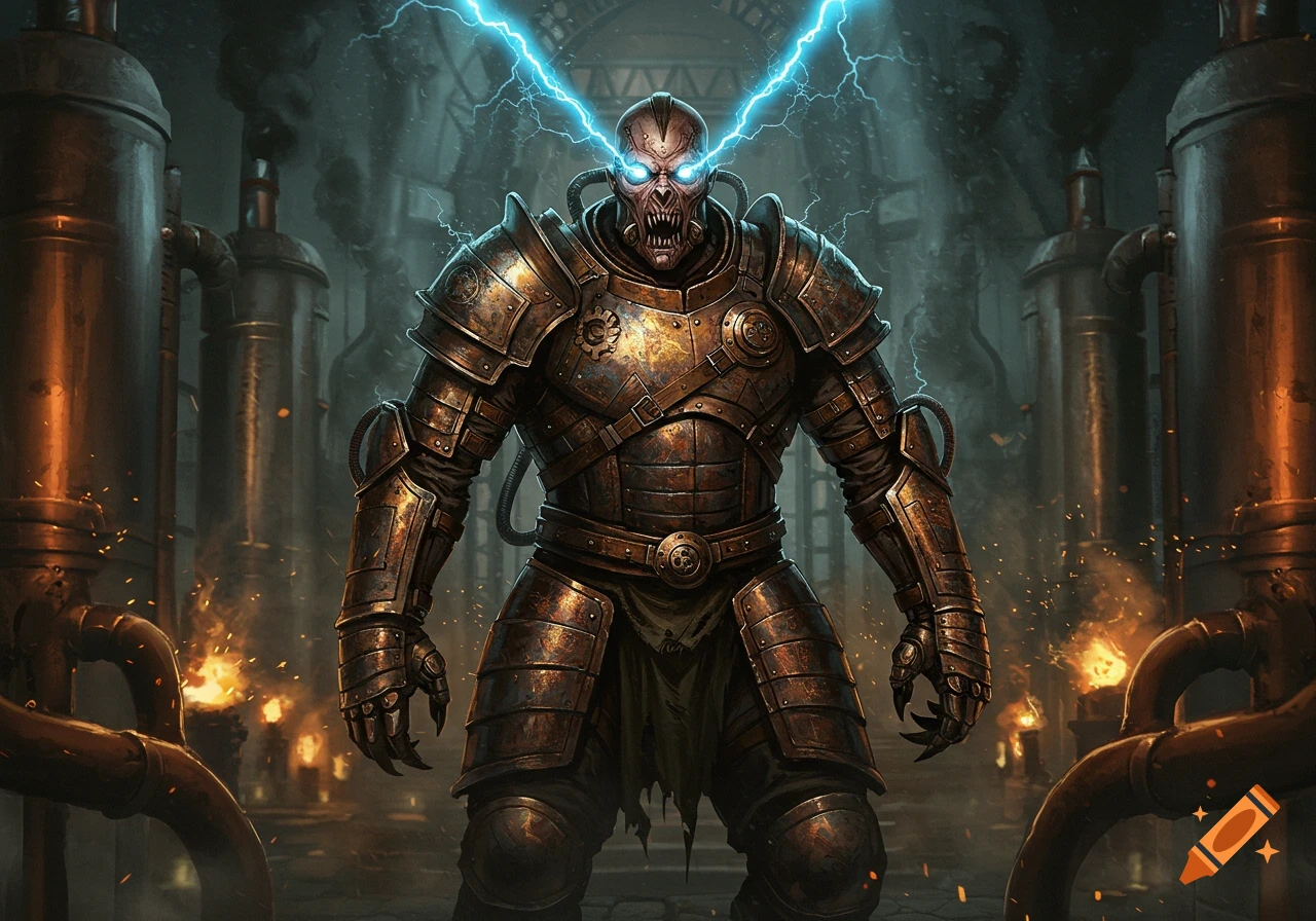 A menacing steampunk monster in rusted armor with glowing eyes and lightning in a dark industrial factory.