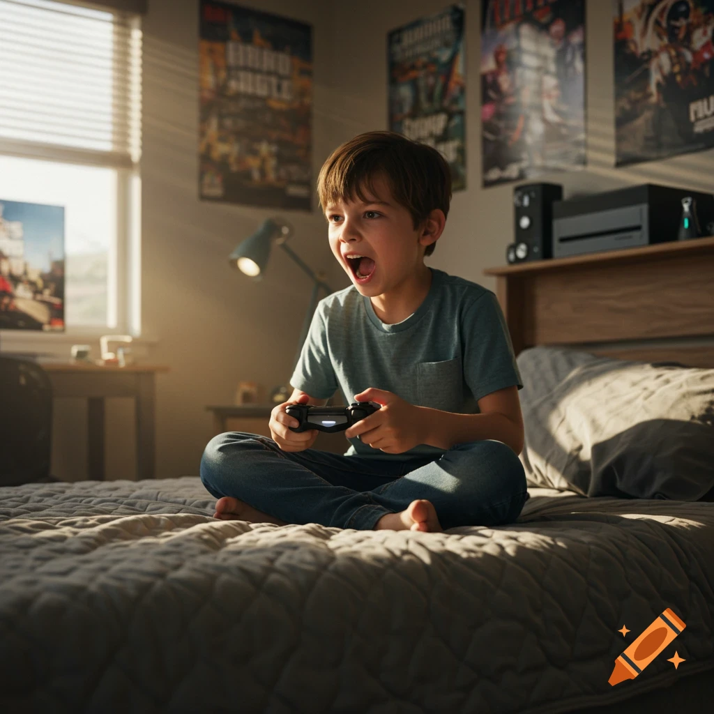A young boy with an excited expression sits cross-legged on a bed, playing video games with a controller in a sunlit bedroom.