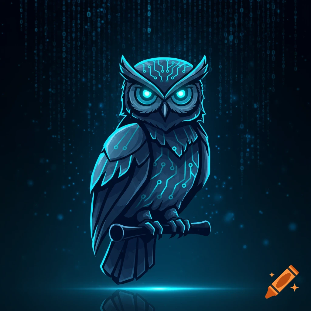 A stylized digital illustration of a dark blue owl with glowing circuit patterns and eyes, against a binary code background.