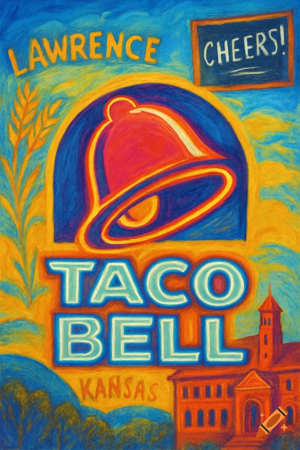 A vibrant poster-style illustration in crayon or chalk art showing the Taco Bell logo, text 'Lawrence,' 'Kansas,' and 'Cheers,' with a building.