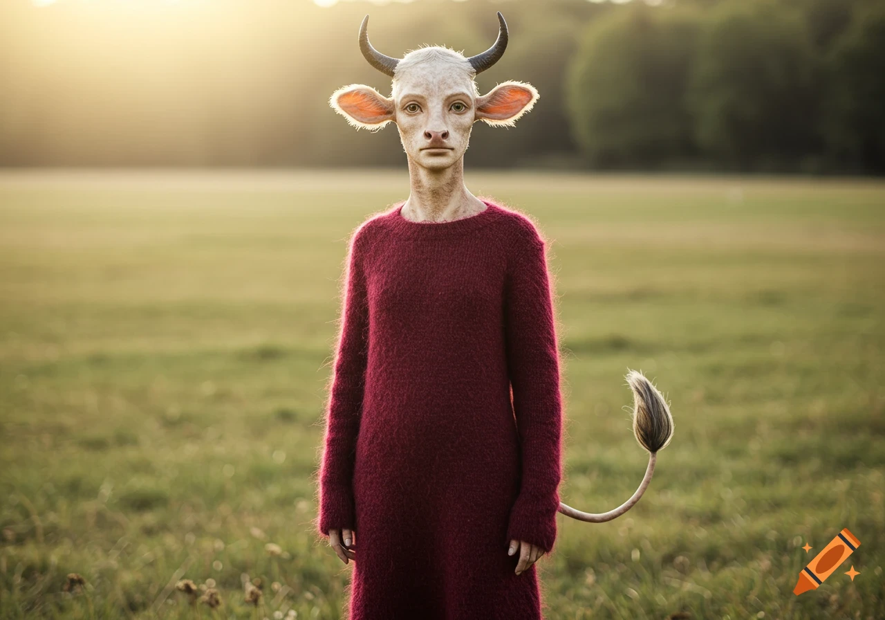 An androgynous human figure with cow-like features, wearing a red sweater dress, stands in a sunny grassy field.