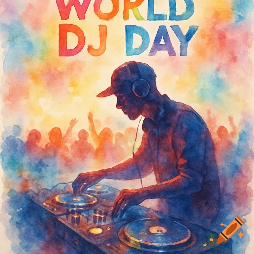 Watercolor illustration of a DJ performing at a colorful concert with "WORLD DJ DAY" text above.