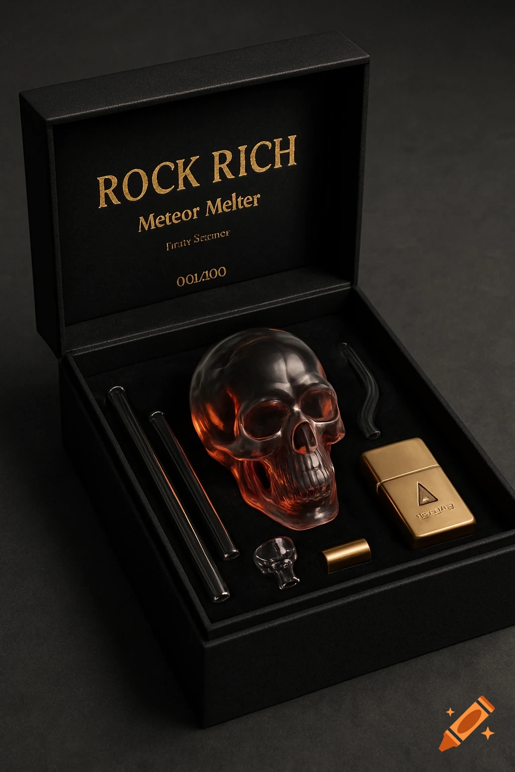 A black luxury box open, revealing a translucent orange skull, two glass straws, a glass bowl, and a gold lighter on a black velvet interior. Gold text on the lid reads "ROCK RICH Meteor Melter 001/100".